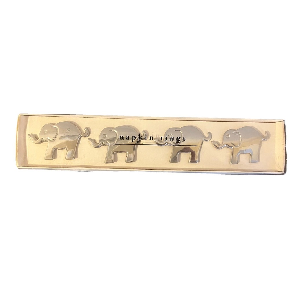 VTG Pier One Napkin Rings Set of 4 Elephants Nickel Plated Silver Trunk Up NIB